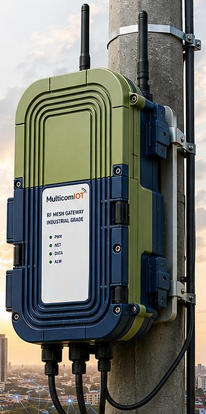 An RF mesh gateway in an
      industrial enclosure, pole-mounted with external antennas